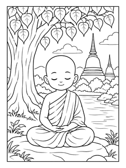 Free printable Young Monk Meditating By The River coloring page