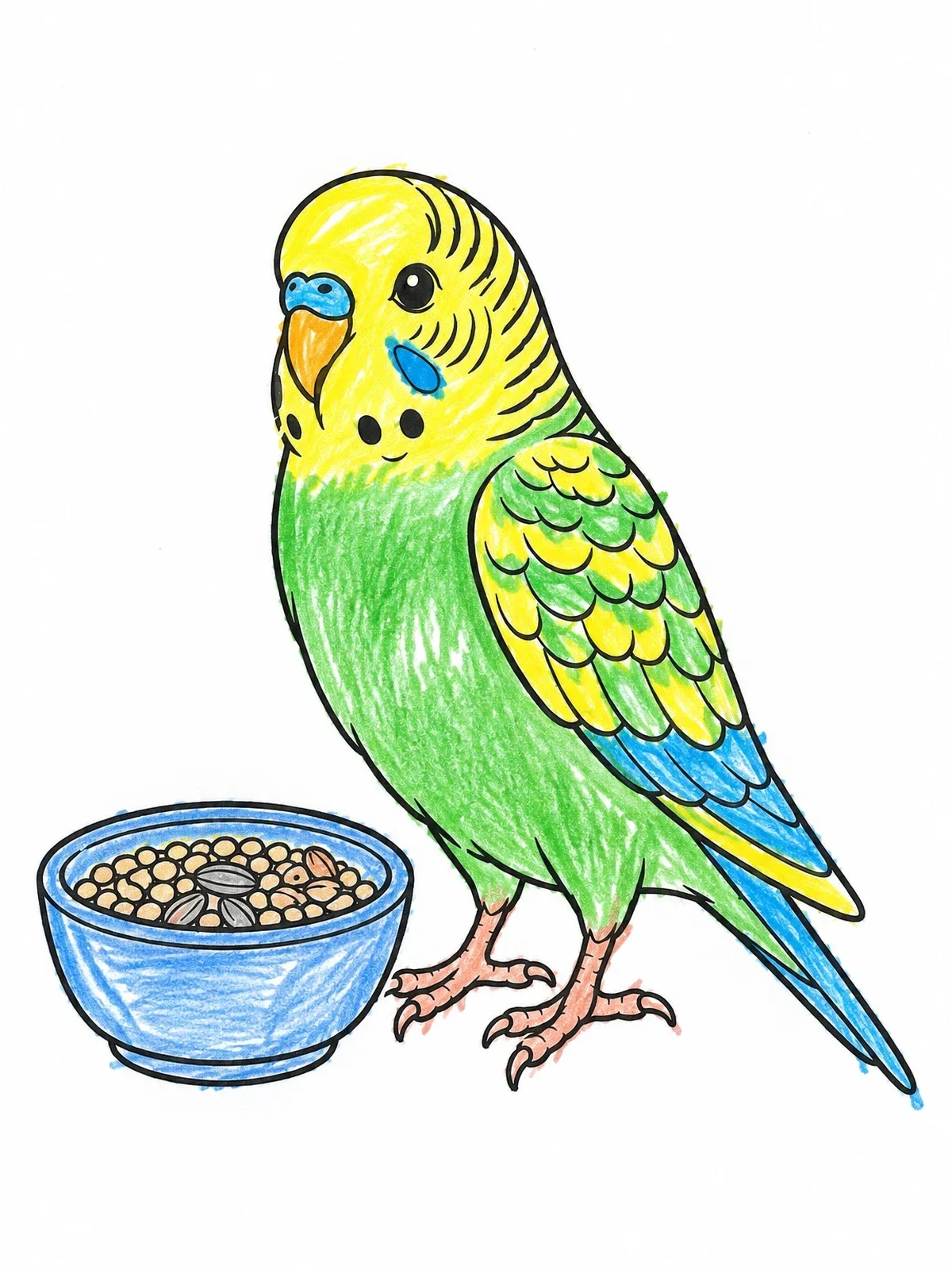 Colored example of the Budgie Beside Seed Bowl coloring page