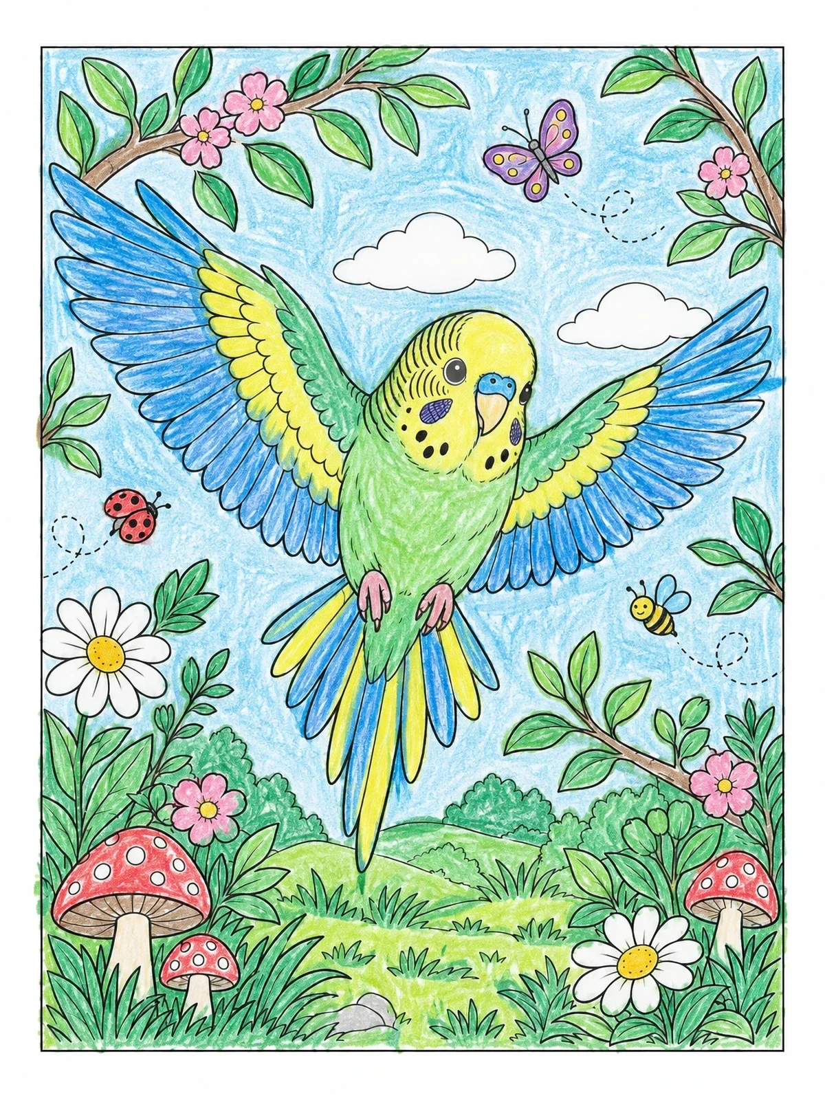 Colored example of the Budgie Flying Over A Garden coloring page