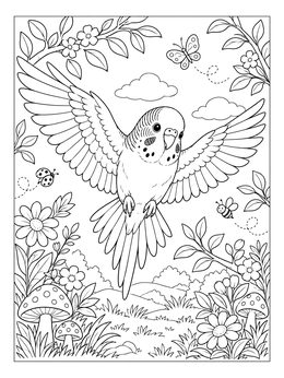Free printable Budgie Flying Over A Garden coloring page