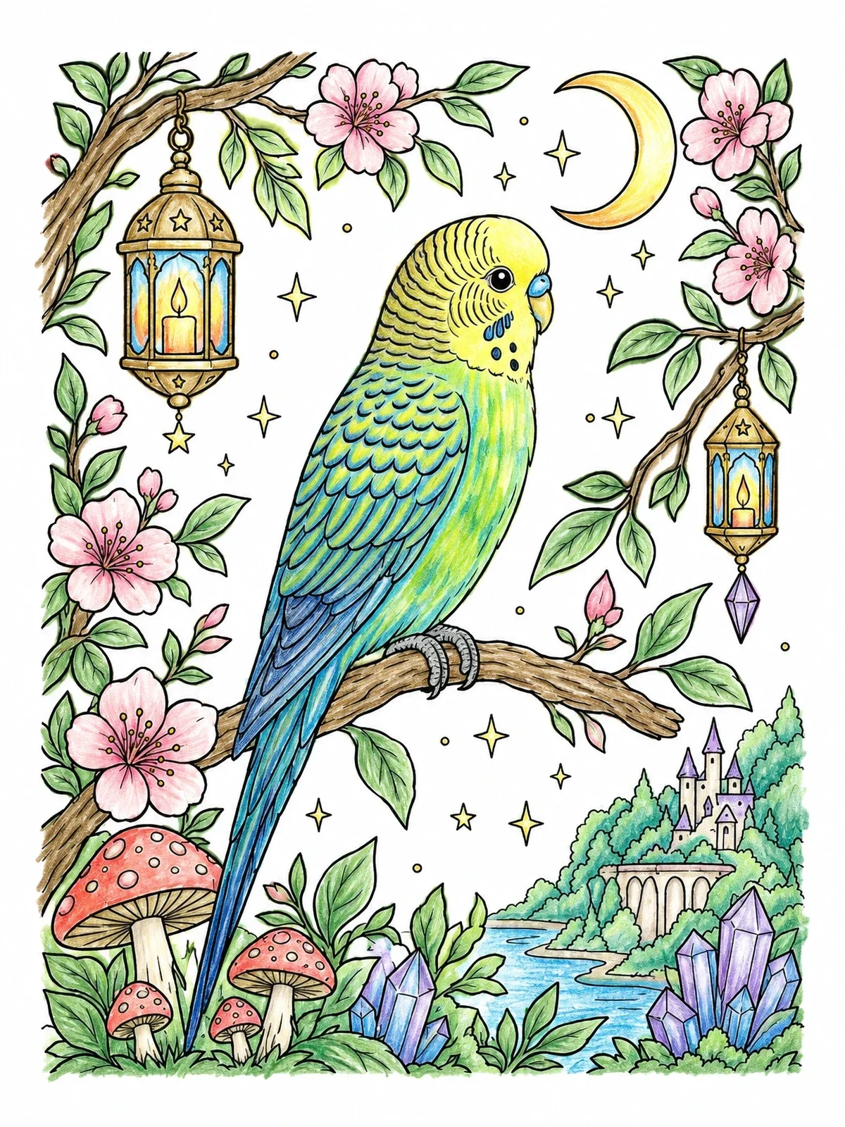 Colored example of the Budgie In A Magical Night Garden coloring page