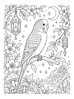 Free printable Budgie In A Magical Night Garden coloring page