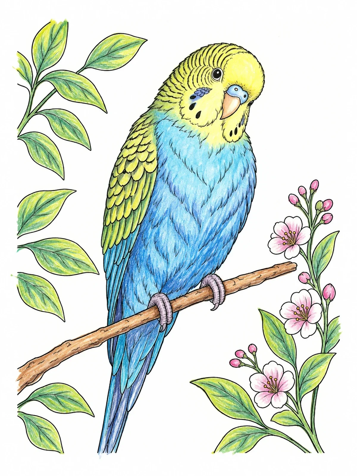 Colored example of the Budgie Perched On Flowering Branch coloring page