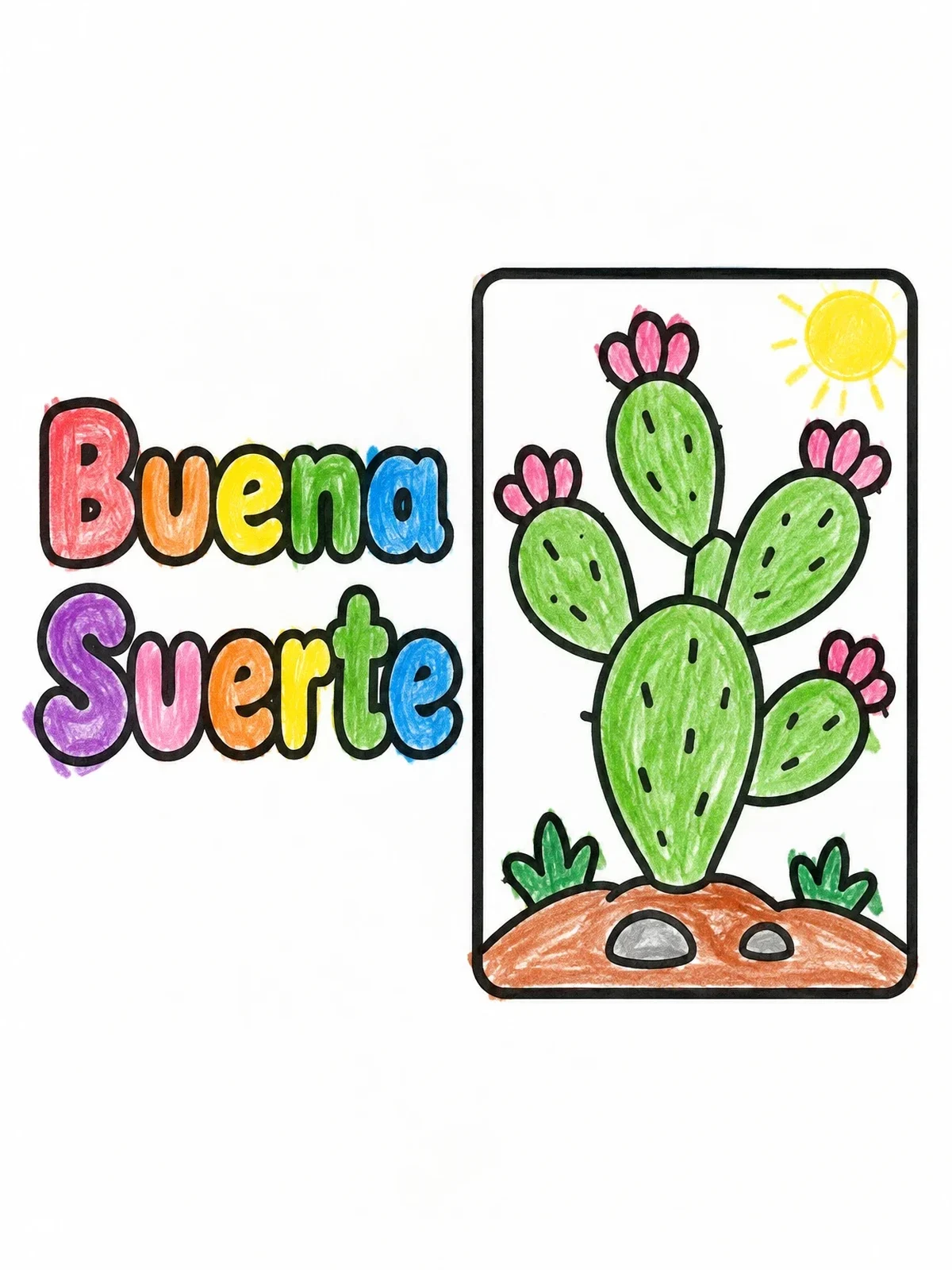 Colored example of the Buena Suerte Cactus Loteria Card coloring page