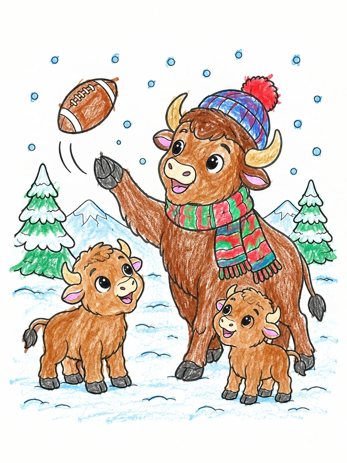 Colored example of the Playful Buffalo Family In Snow coloring page