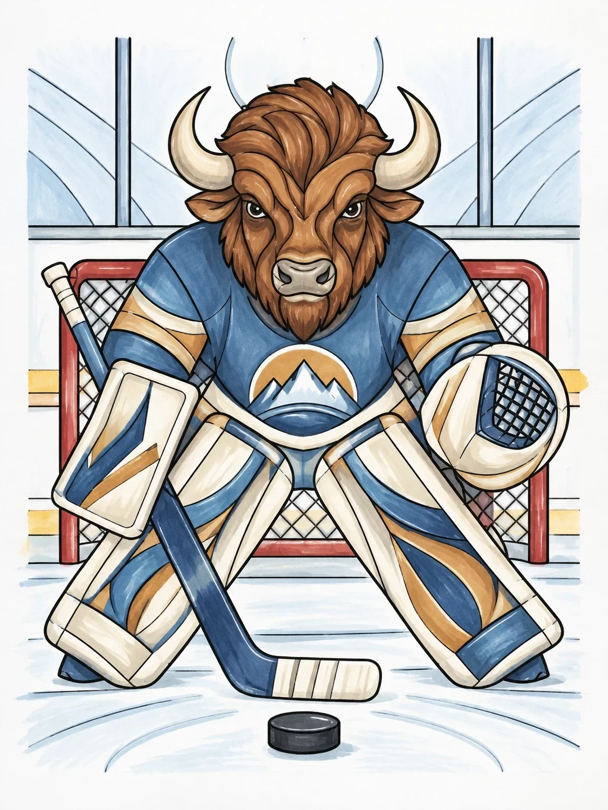 Colored example of the Buffalo Goalie Defending The Net coloring page