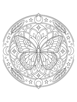 Intricate butterfly bug coloring page framed by stars, moons, and leaves.