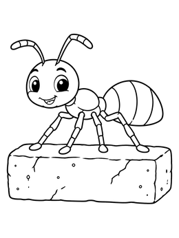 A cheerful cartoon ant on a garden brick makes a fun bug coloring page.