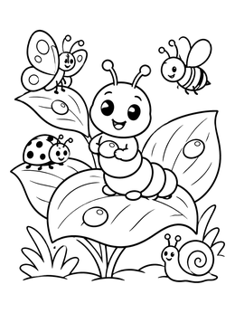 A friendly caterpillar sits on a dewy leaf in this bug coloring page alongside insect friends.