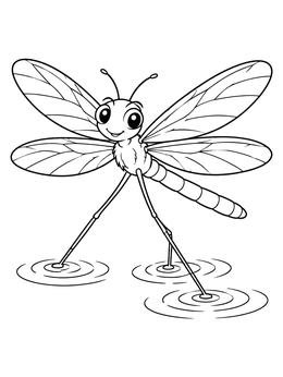 A friendly dragonfly skating on water ripples in this bug coloring page.