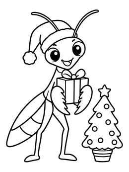 A cute Christmas praying mantis bug coloring page holding a present near a small tree.