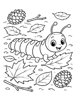 A cheerful caterpillar crawls among leaves and pine cones in this bug coloring page.