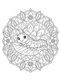 A cheerful caterpillar on a leaf inside a bug coloring page with mandala patterns.
