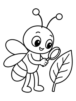 A cheerful firefly in a bug coloring page examines a leaf with a magnifying glass.