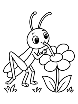 Free printable Cute Grasshopper Sipping Flower Nectar coloring page