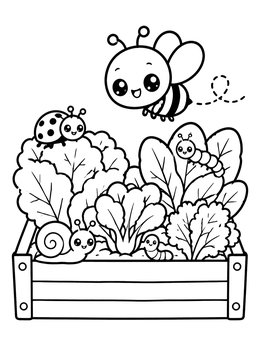 A cheerful bug coloring page with a bee, ladybug, and snail in a vegetable planter.