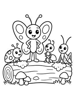 A cheerful bug coloring page with a cartoon butterfly and insect friends on a log.