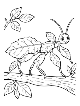 A friendly walking leaf bug coloring page crawling along a wooden tree branch.