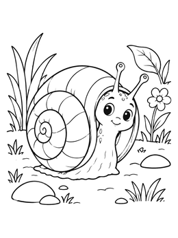 A cheerful cartoon snail in a bug coloring page with flowers and grass.