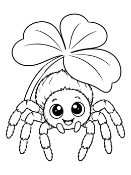 A cute spider sits under a clover on this cheerful bug coloring page.