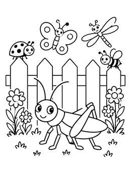 A cheerful grasshopper, butterfly, and ladybug in this cute bug coloring page.
