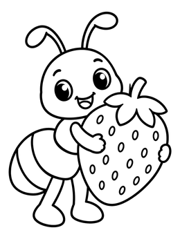 Free printable Happy Little Ant With Giant Strawberry coloring page