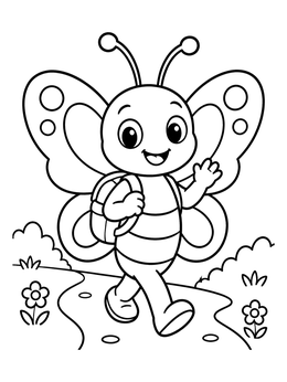 Free printable Happy Butterfly Hiking With Backpack coloring page