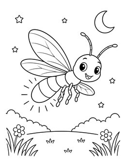 A cheerful lightning bug flies under the moon in this bug coloring page.