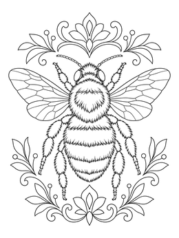 A detailed bumblebee centered in a bug coloring page with ornamental flourishes.