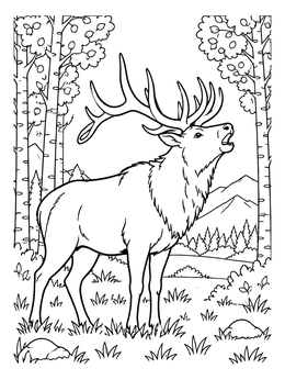 Free printable Bugling Bull Elk In Forest Meadow coloring page