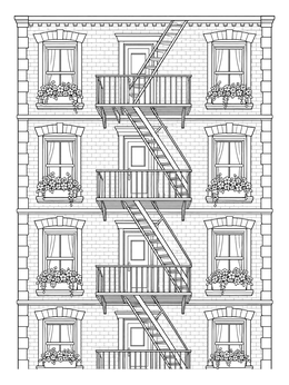 Classic city brick apartment facade with fire escapes in this buildings coloring page.