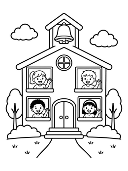 Free printable Schoolhouse With Waving Children coloring page