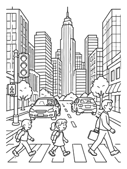 Free printable Busy City Crosswalk And Skyscrapers coloring page
