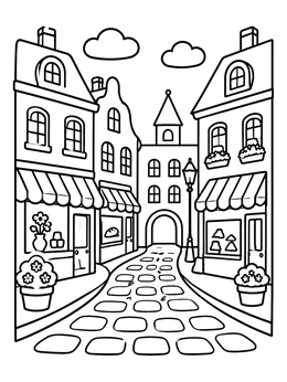 Free printable Cozy European Old Town Street coloring page