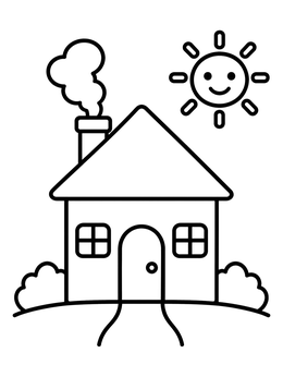 Free printable Cozy House With Smiling Sun coloring page