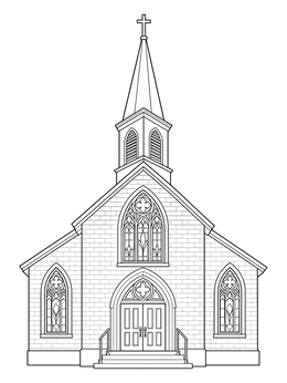 A peaceful chapel on this detailed buildings coloring page with stained glass windows.