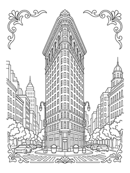 Classic triangular skyscraper on a lively city street in this buildings coloring page.