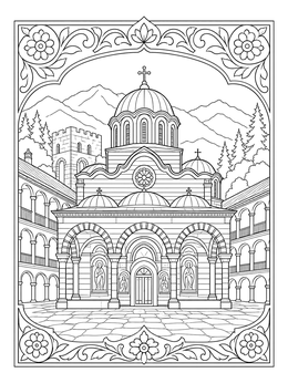 Detailed Rila Monastery courtyard with mountains in a bulgaria coloring page.