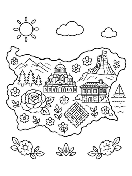 Free printable Bulgaria Map With Landmarks And Roses coloring page