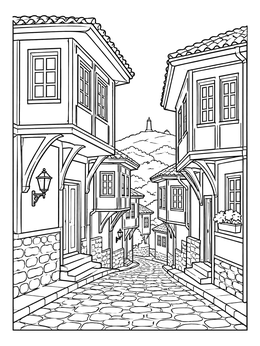Historic Revival style houses on a cobbled street in this bulgaria coloring page.