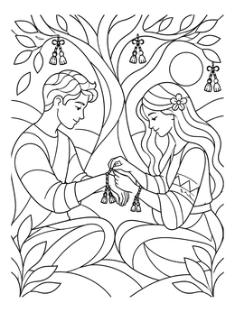 A young couple ties traditional Martenitsa bracelets in this bulgaria coloring page.