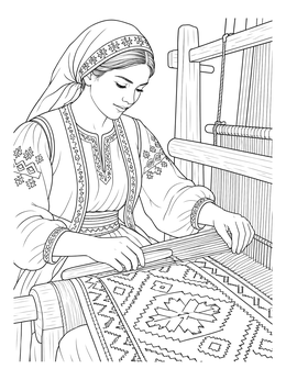 A woman weaves folklore patterns on a loom in this bulgaria coloring page.