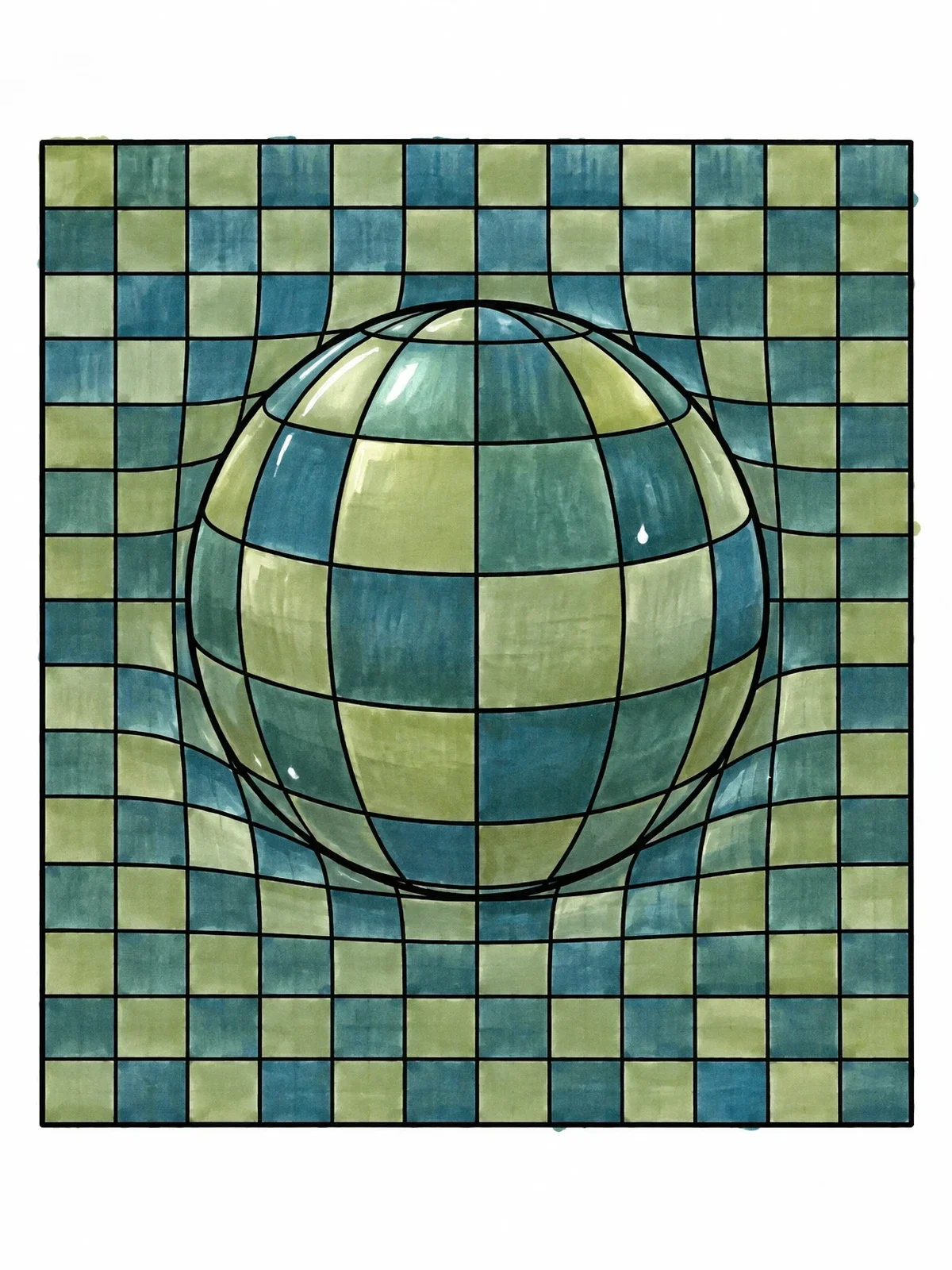 Colored example of the Bulging Sphere On Grid Sheet coloring page