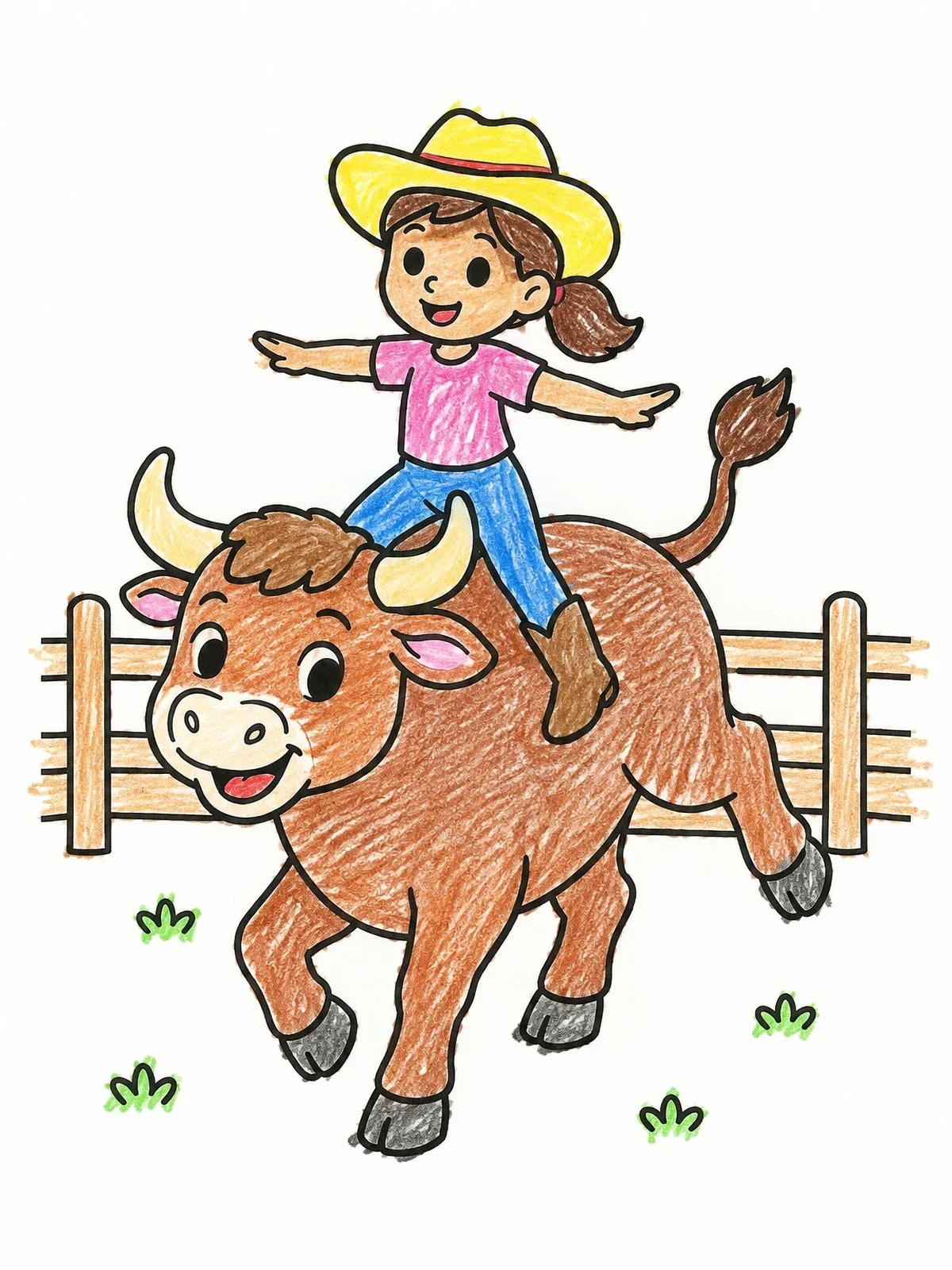 Colored example of the Young Cowgirl Riding A Steer coloring page