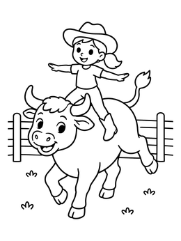 A cheerful young cowgirl balancing atop a steer on this bull coloring page.