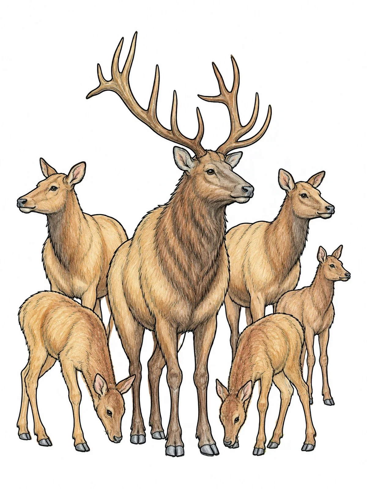Colored example of the Majestic Bull Elk With Herd coloring page
