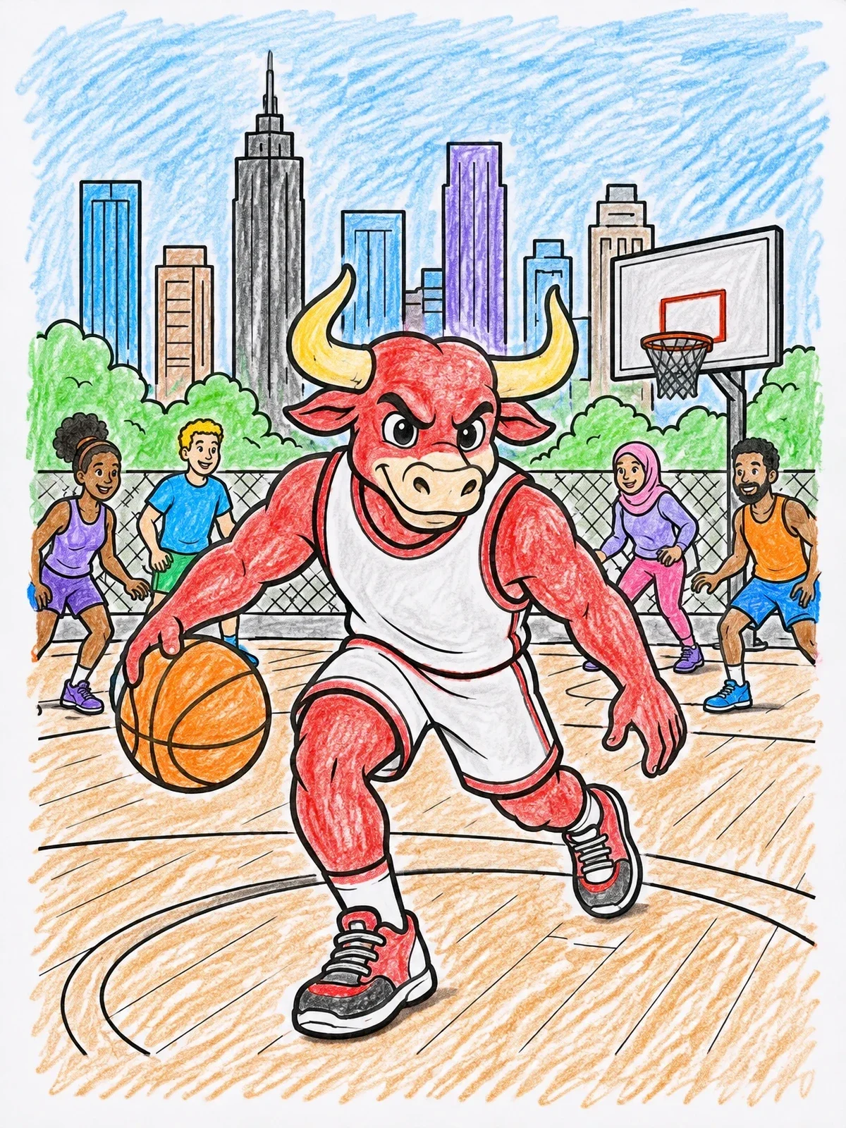 Colored example of the Bull Mascot Playing Basketball In Chicago coloring page