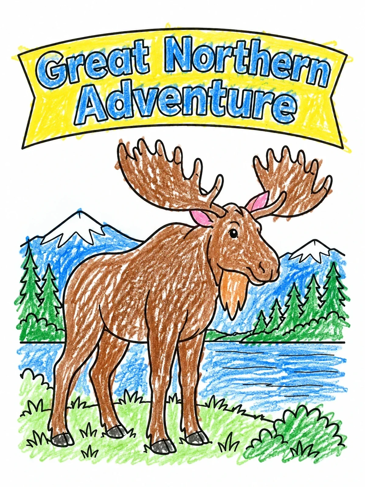 Colored example of the Bull Moose Northern Adventure coloring page