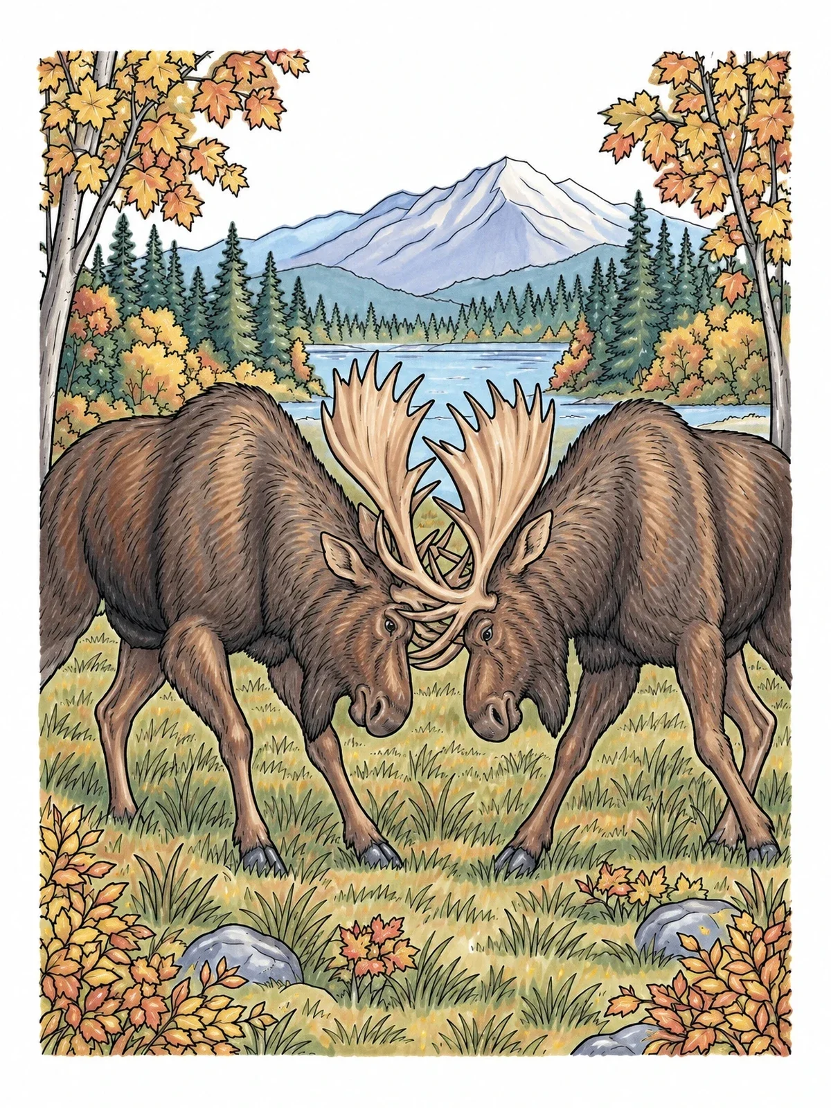 Colored example of the Bull Moose Clashing Antlers In Meadow coloring page