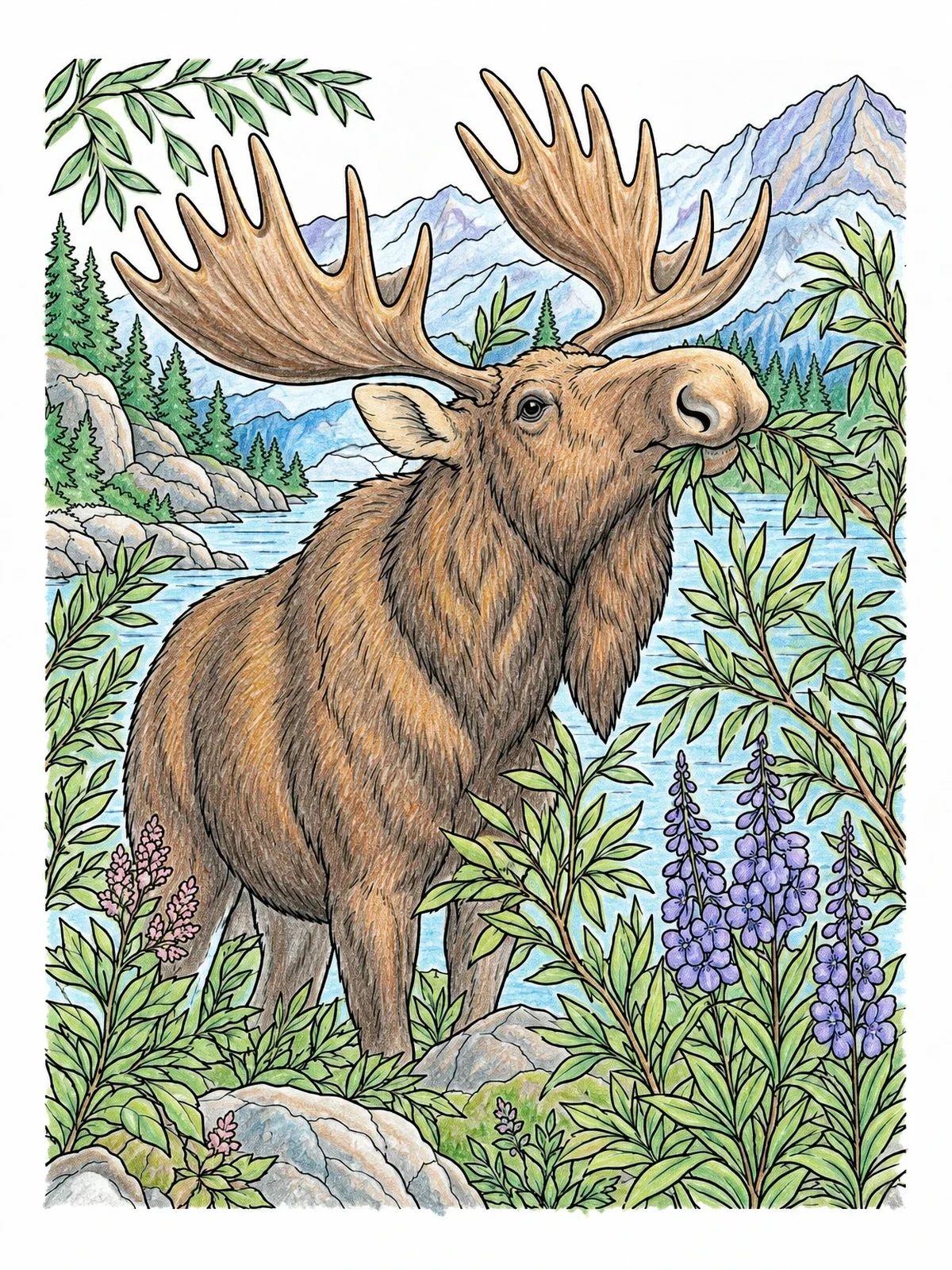 Colored example of the Bull Moose Grazing By Mountain Lake coloring page